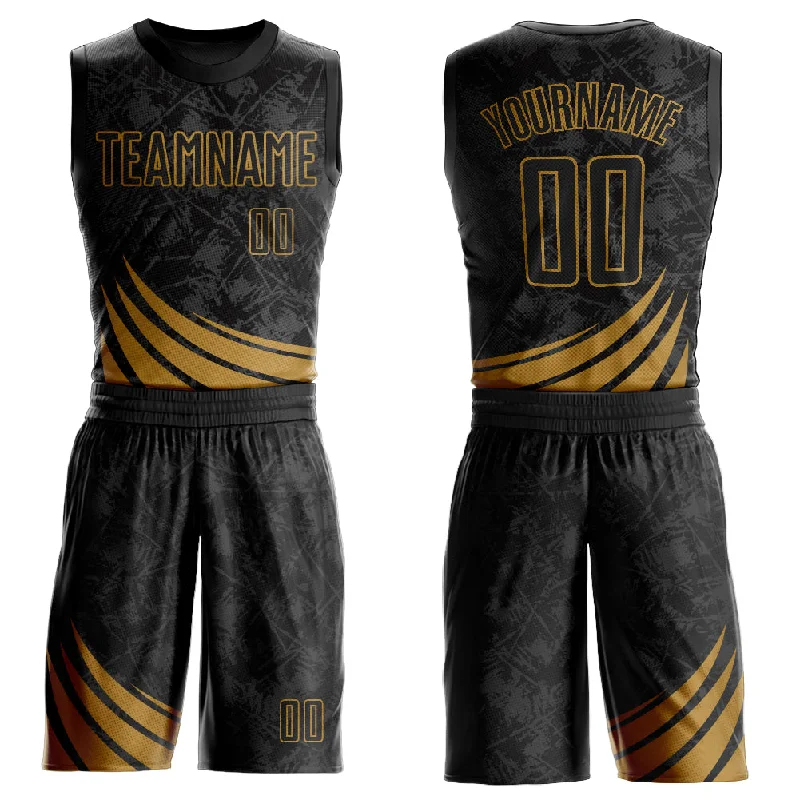 Custom Black Old Gold Wind Shapes Round Neck Sublimation Basketball Suit Jersey