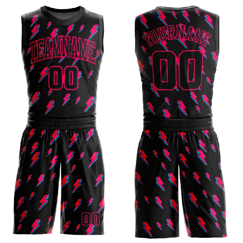 Custom Black Pink Lightning Shapes Round Neck Sublimation Basketball Suit Jersey