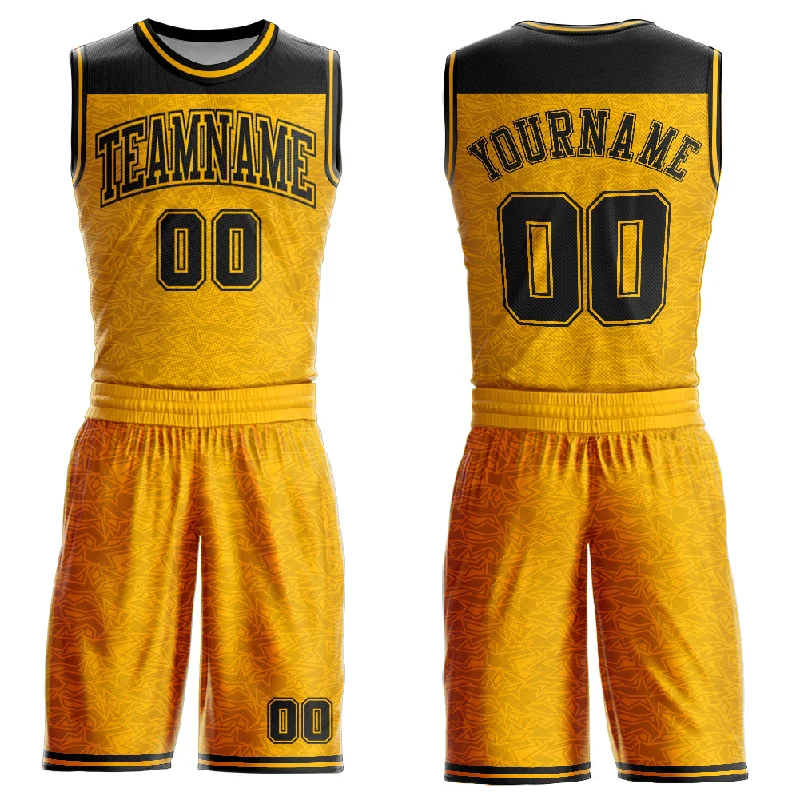 Custom Gold Black Color Block Round Neck Sublimation Basketball Suit Jersey