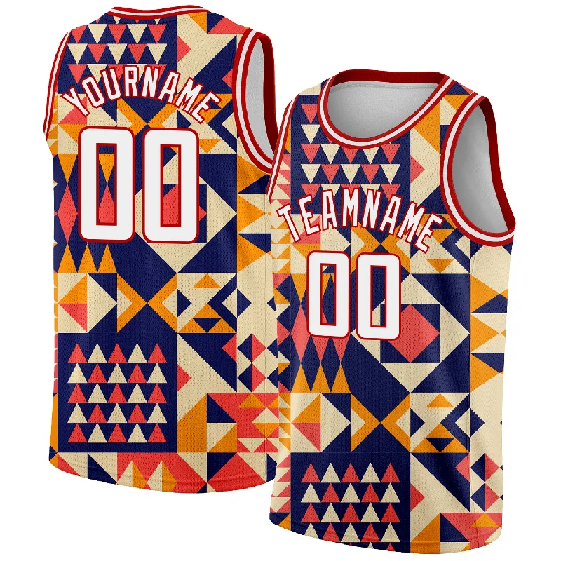 Custom Navy White-Red 3D Pattern Design Geometric Shapes Authentic Basketball Jersey