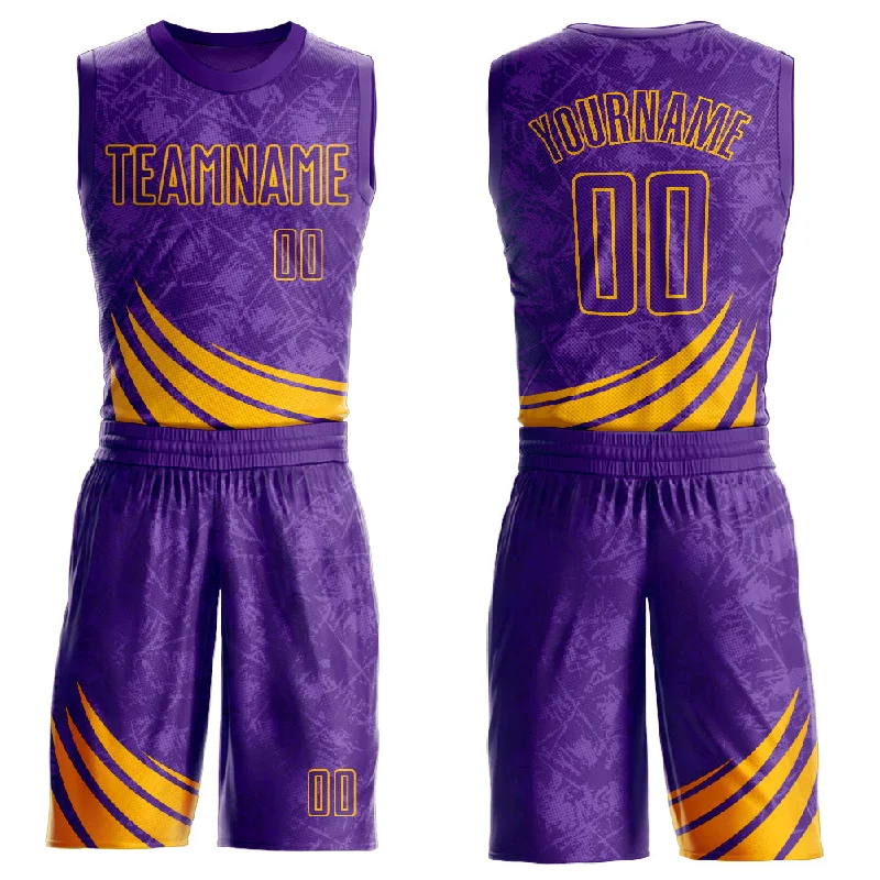 Custom Purple Gold Wind Shapes Round Neck Sublimation Basketball Suit Jersey