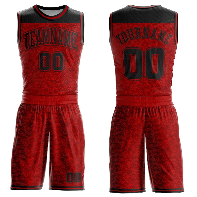 Custom Red Black Color Block Round Neck Sublimation Basketball Suit Jersey