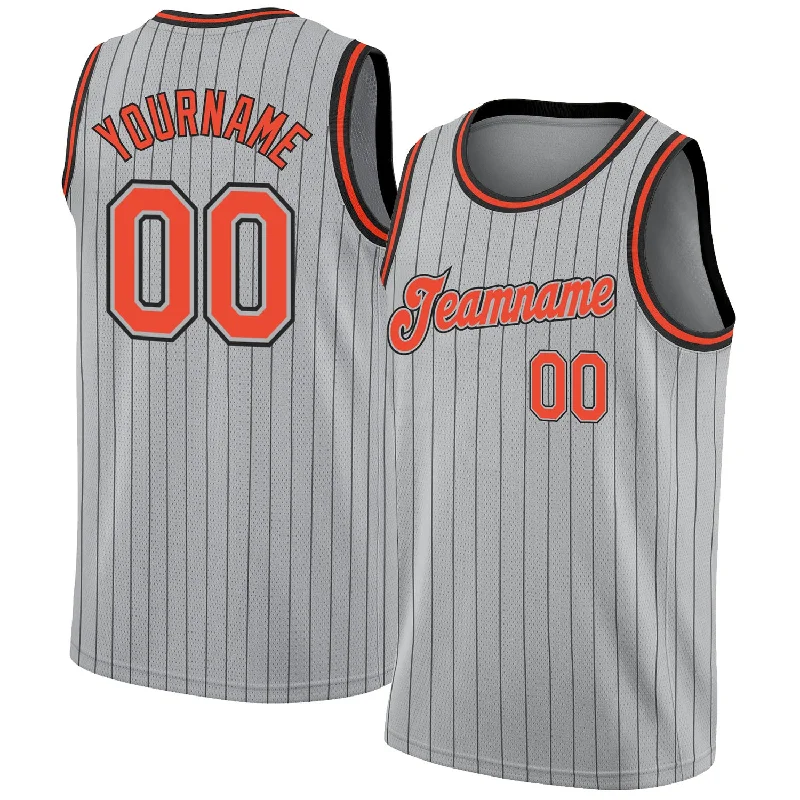 Custom Gray Black Pinstripe Orange-Black Authentic Basketball Jersey