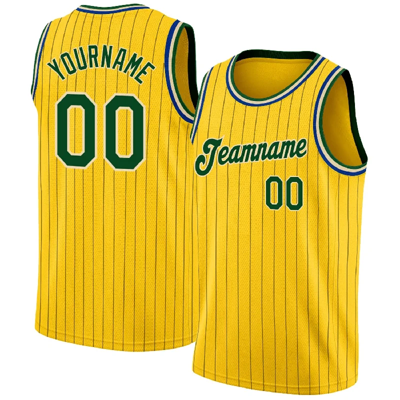 Custom Gold Black Pinstripe Green-Cream Authentic Basketball Jersey