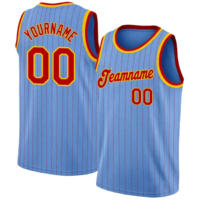 Custom Light Blue Red Pinstripe Red-Gold Authentic Basketball Jersey