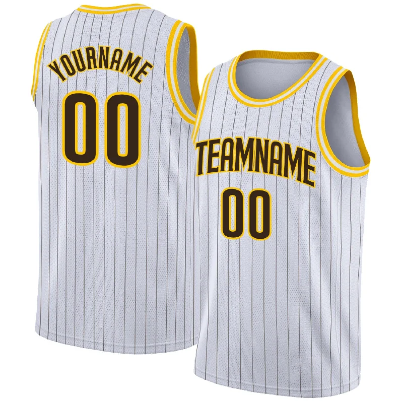 Custom White Brown Pinstripe Brown-Gold Authentic Basketball Jersey