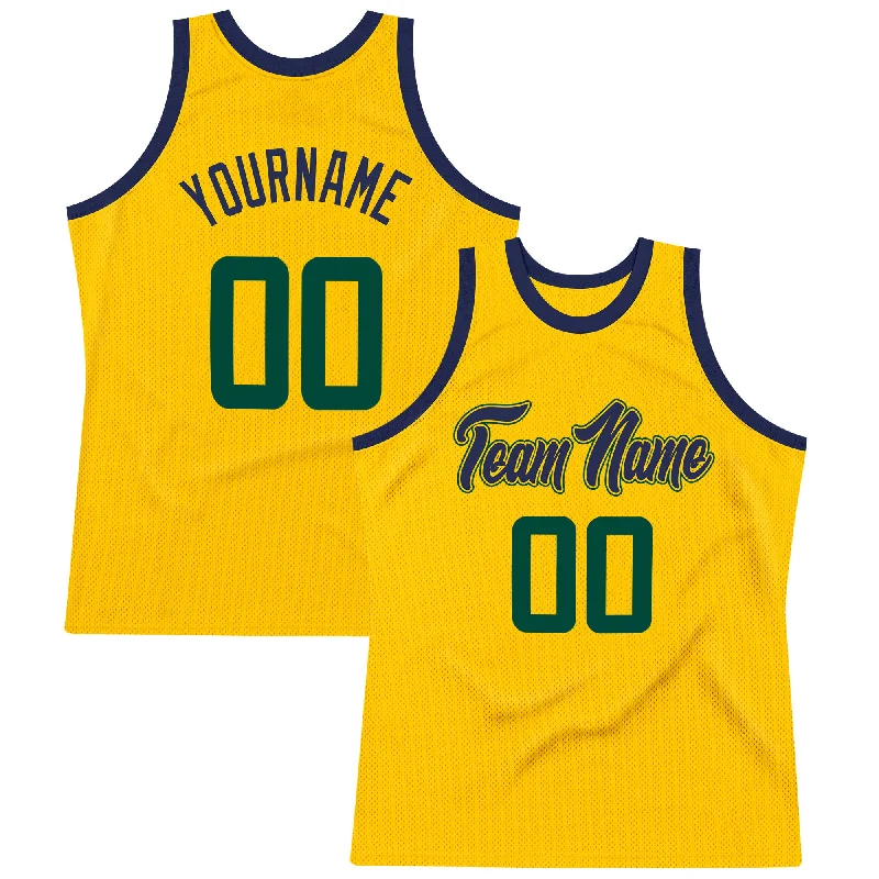 Custom Gold Hunter Green-Navy Authentic Throwback Basketball Jersey