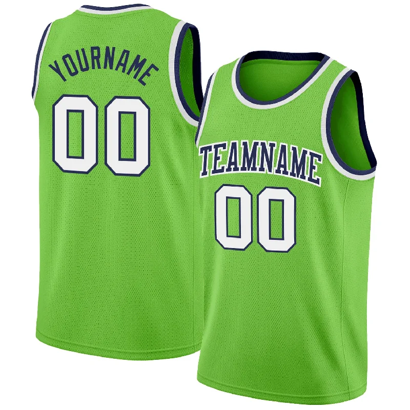 Custom Neon Green White-Navy Authentic Basketball Jersey