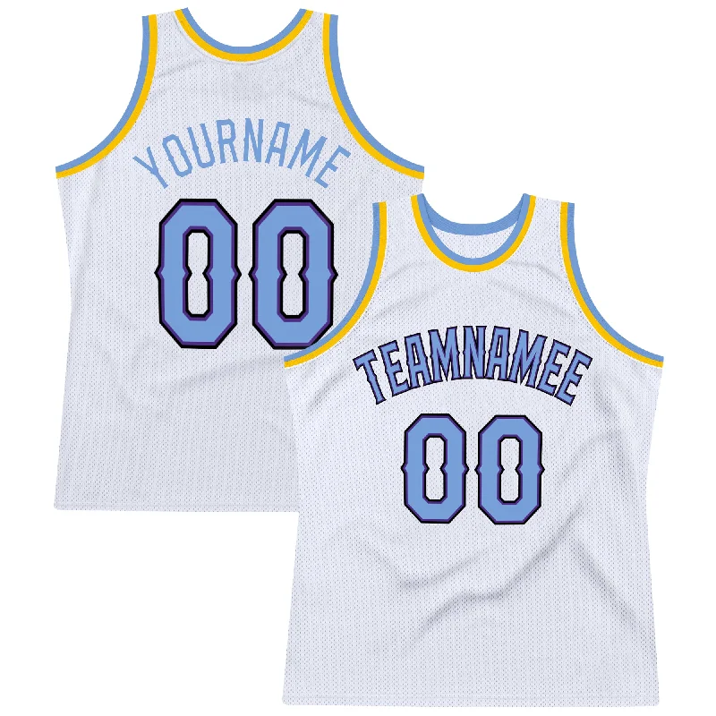 Custom White Light Blue-Purple Authentic Throwback Basketball Jersey