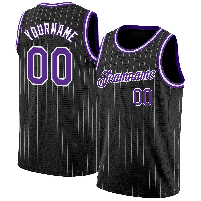 Custom Black White Pinstripe Purple-White Authentic Basketball Jersey