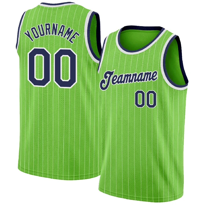 Custom Neon Green White Pinstripe Navy-White Authentic Basketball Jersey