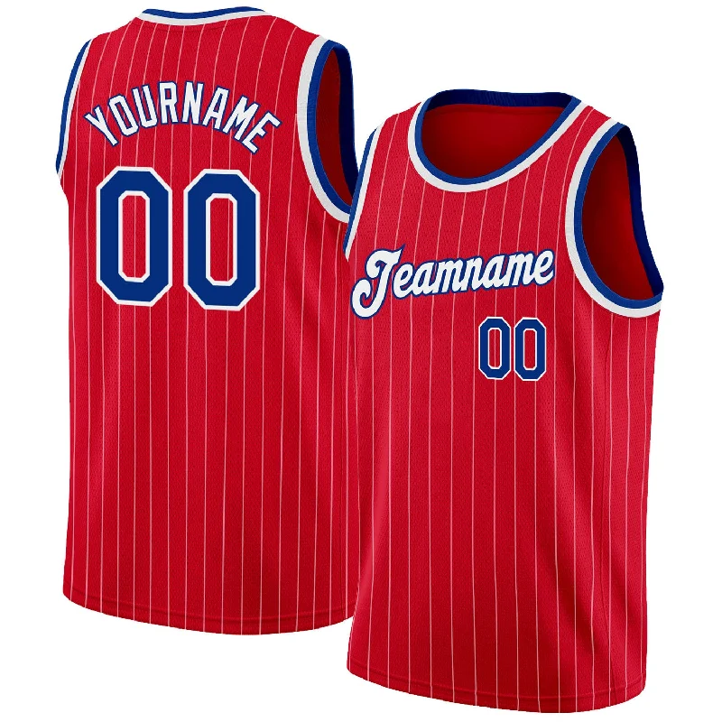 Custom Red White Pinstripe Royal-White Authentic Basketball Jersey