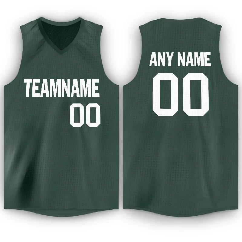 Custom Hunter Green White V-Neck Basketball Jersey