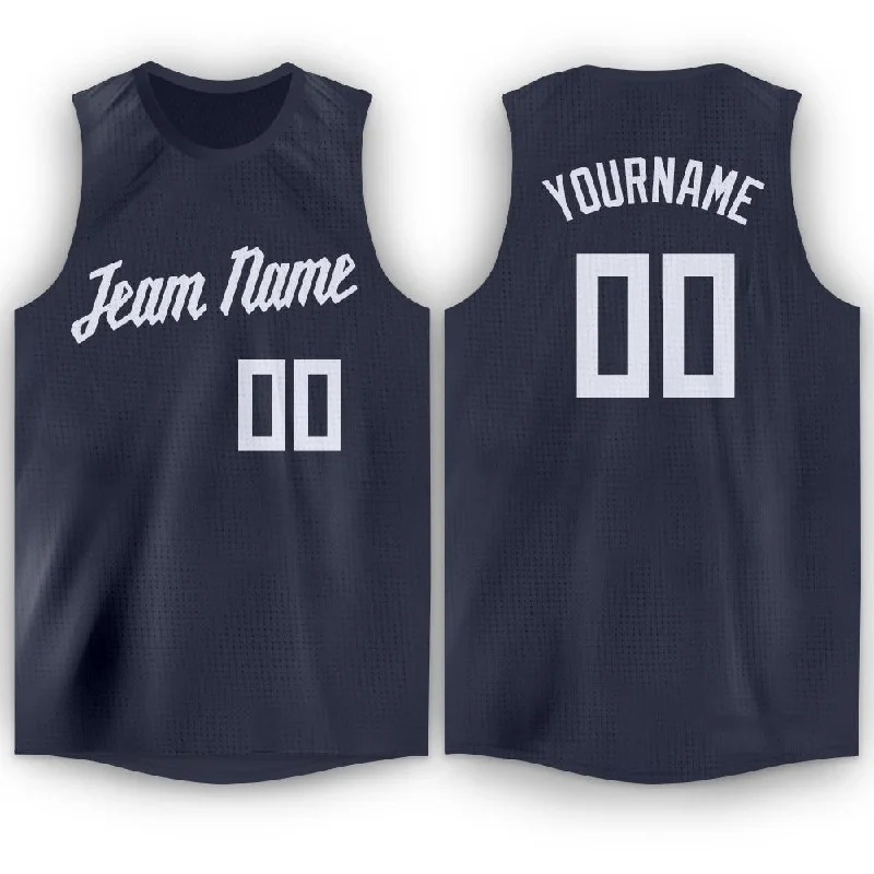 Custom Navy White Round Neck Basketball Jersey