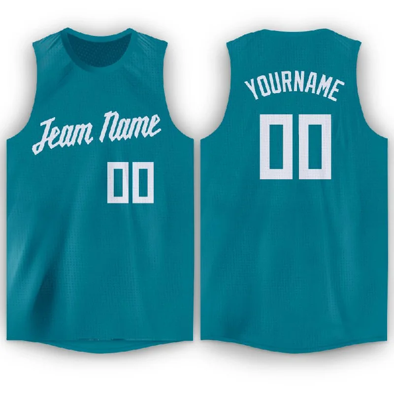 Custom Teal White Round Neck Basketball Jersey