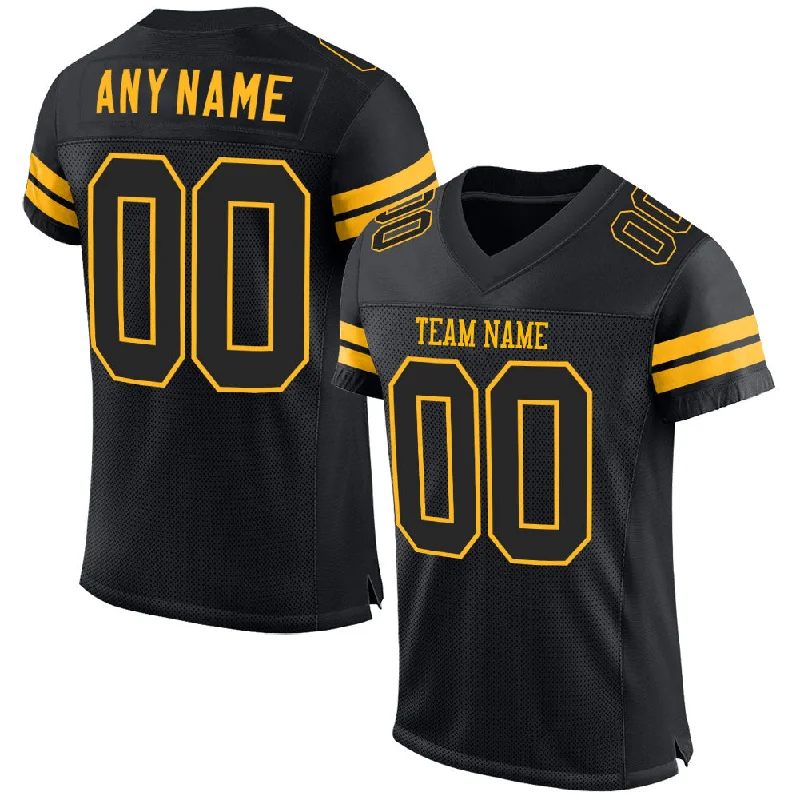 Custom Black Black-Gold Mesh Authentic Football Jersey