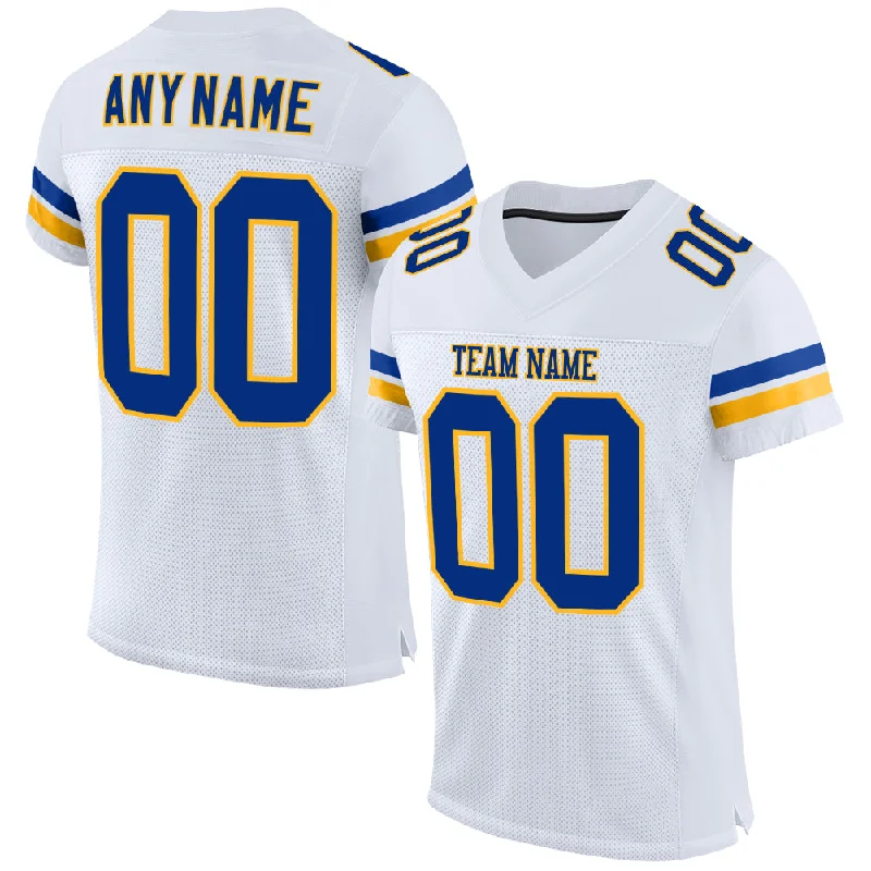 Custom White Royal-Gold Mesh Authentic Football Jersey