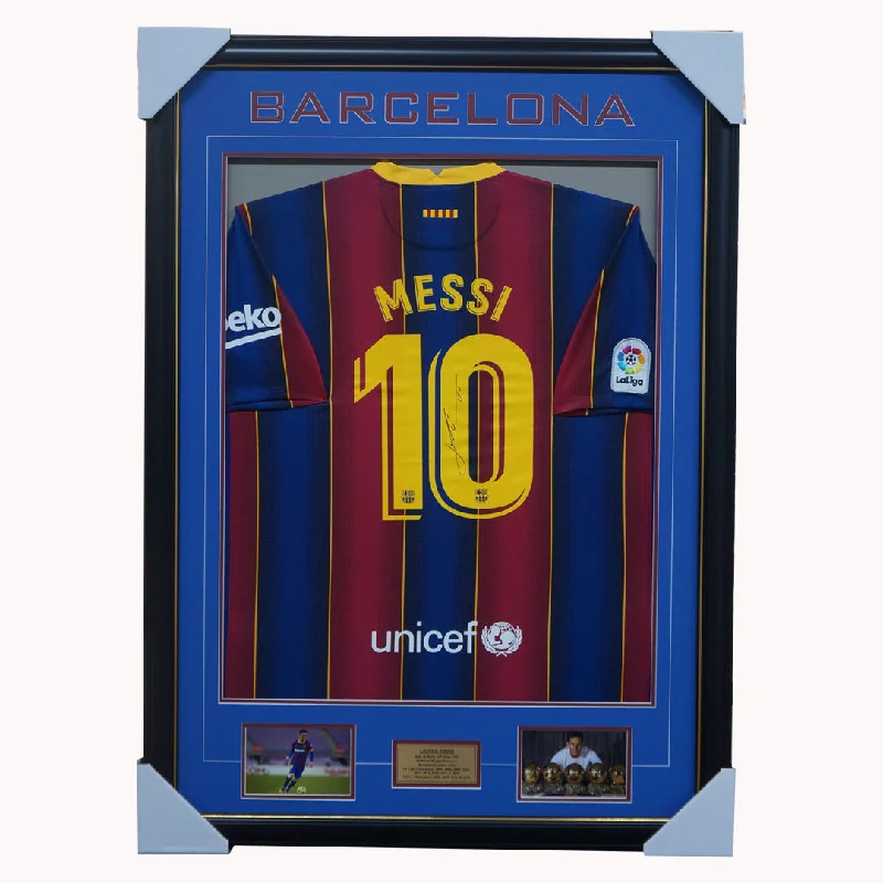 Lionel Messi Signed Barcelona Jersey Framed With Photos + COA - 2616