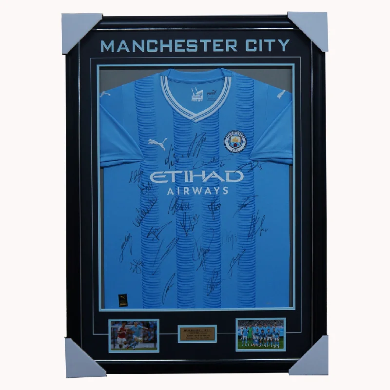 Manchester City Signed 2023/24 Team Jersey Framed Haaland EPL Champions - 5599