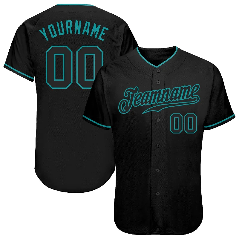 Custom Black Black-Teal Authentic Baseball Jersey