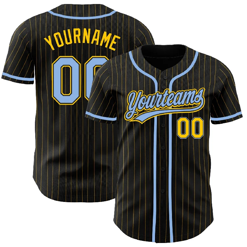 Custom Black Yellow Pinstripe Light Blue Authentic Baseball Jersey