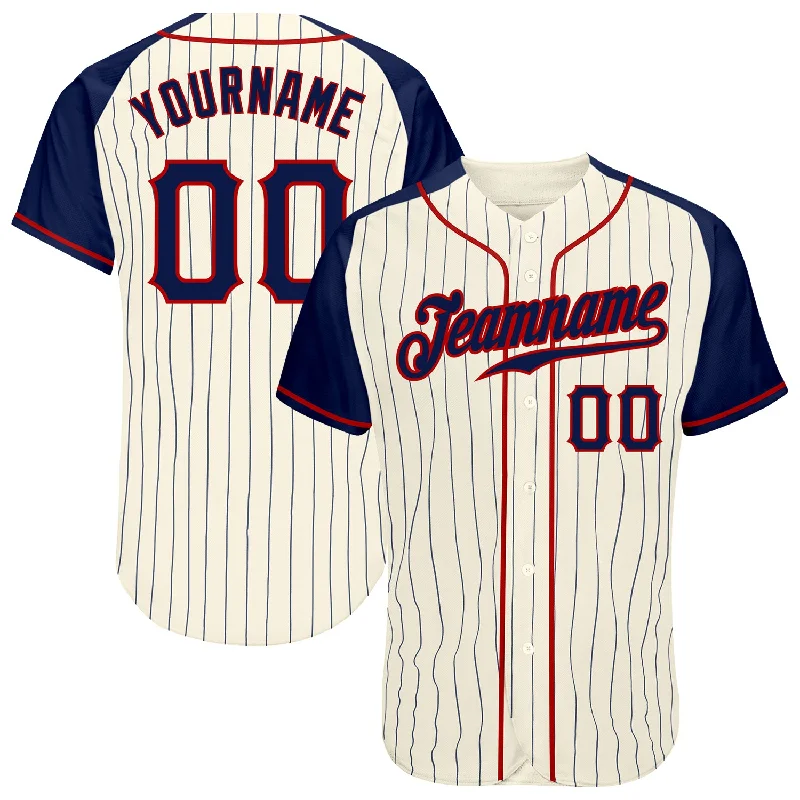 Custom Cream Navy Pinstripe Navy-Red Authentic Raglan Sleeves Baseball Jersey