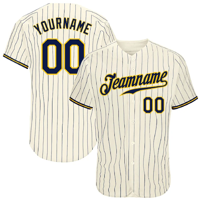 Custom Cream Navy Pinstripe Navy-Gold Authentic Baseball Jersey