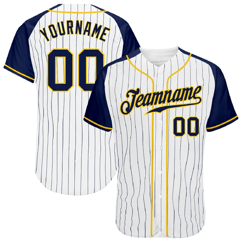 Custom White Navy Pinstripe Navy-Gold Authentic Raglan Sleeves Baseball Jersey