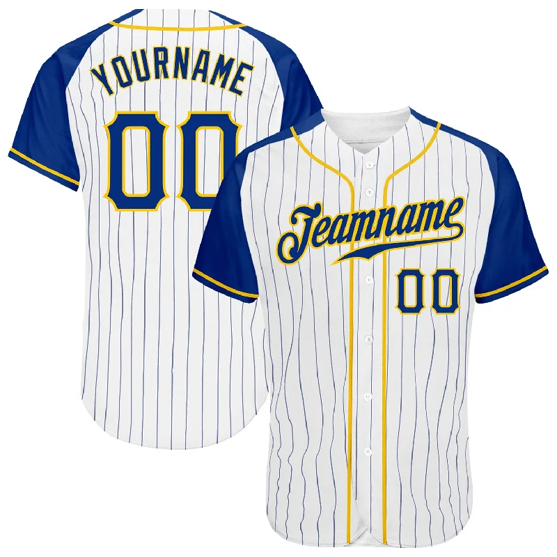 Custom White Royal Pinstripe Royal-Gold Authentic Raglan Sleeves Baseball Jersey