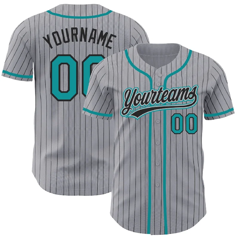 Custom Gray Black Pinstripe Teal Authentic Baseball Jersey