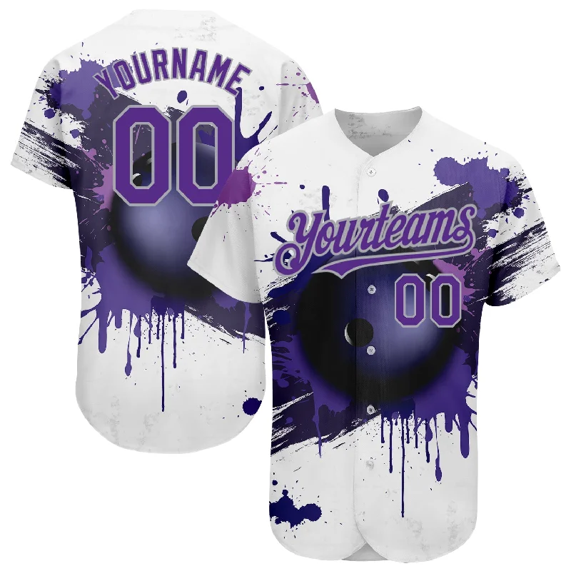 Custom White Purple-Gray 3D Pattern Design Bowling Ball Authentic Baseball Jersey