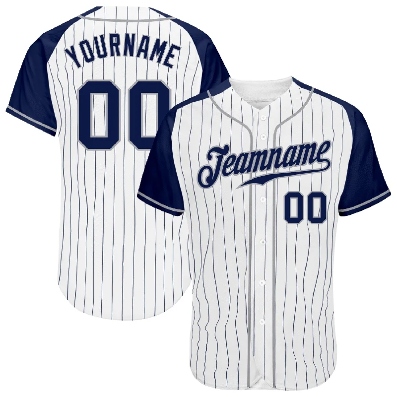 Custom White Navy Pinstripe Navy-Gray Authentic Raglan Sleeves Baseball Jersey