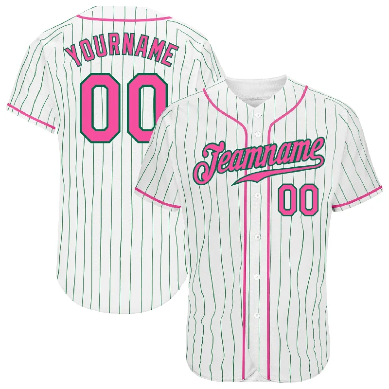 Custom White Kelly Green Pinstripe Pink-Kelly Green Authentic Baseball Jersey