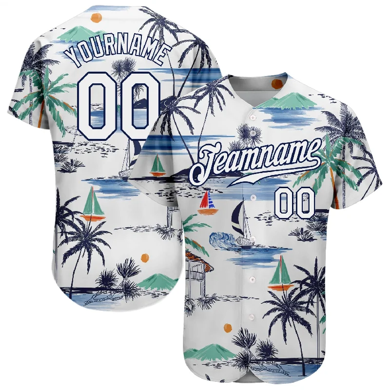 Custom White Navy 3D Pattern Design Hawaii Palm Trees Island And Sailboat Authentic Baseball Jersey