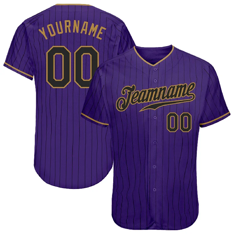 Custom Purple Black Pinstripe Black-Old Gold Authentic Baseball Jersey