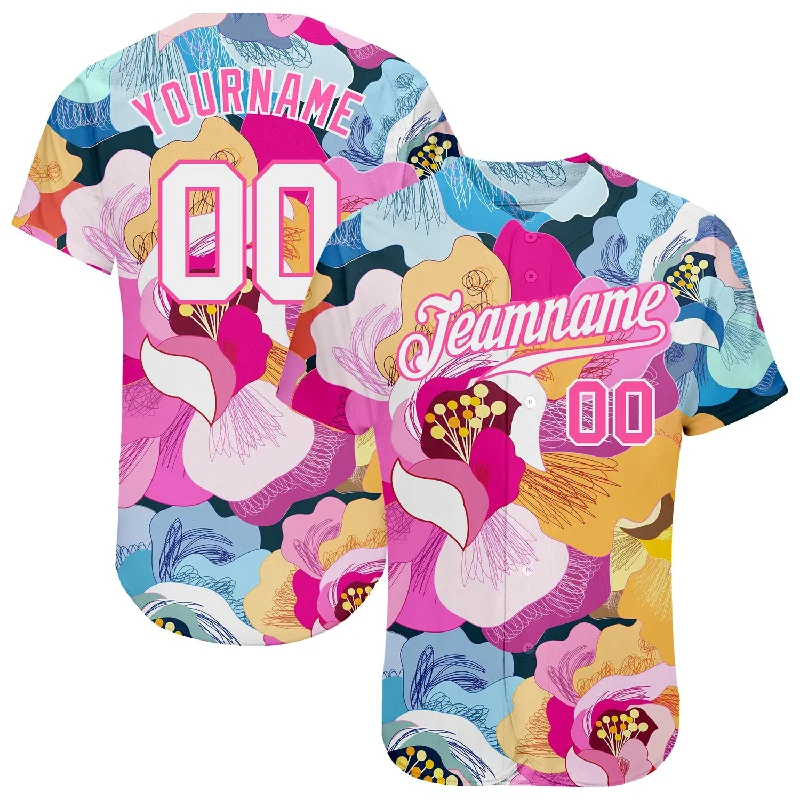 Custom Pink White-Pink 3D Pattern Design Flowers Authentic Baseball Jersey