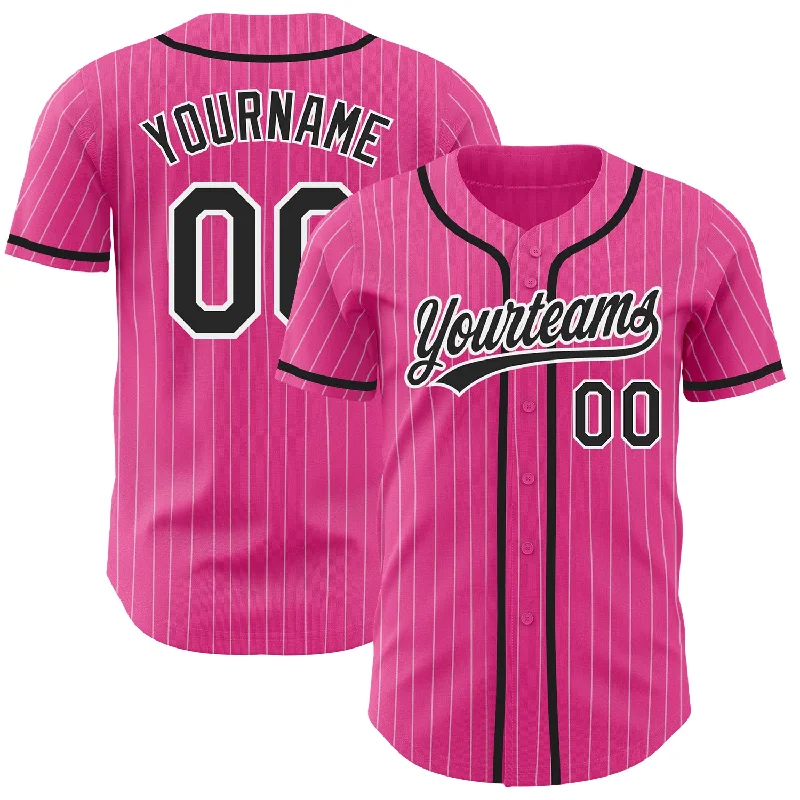 Custom Pink White Pinstripe Black Authentic Baseball Jersey