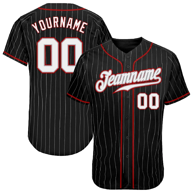 Custom Black Gray Pinstripe White-Red Authentic Baseball Jersey