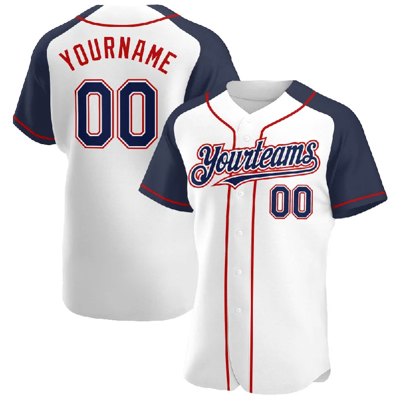 Custom White Navy-Red Authentic Raglan Sleeves Baseball Jersey