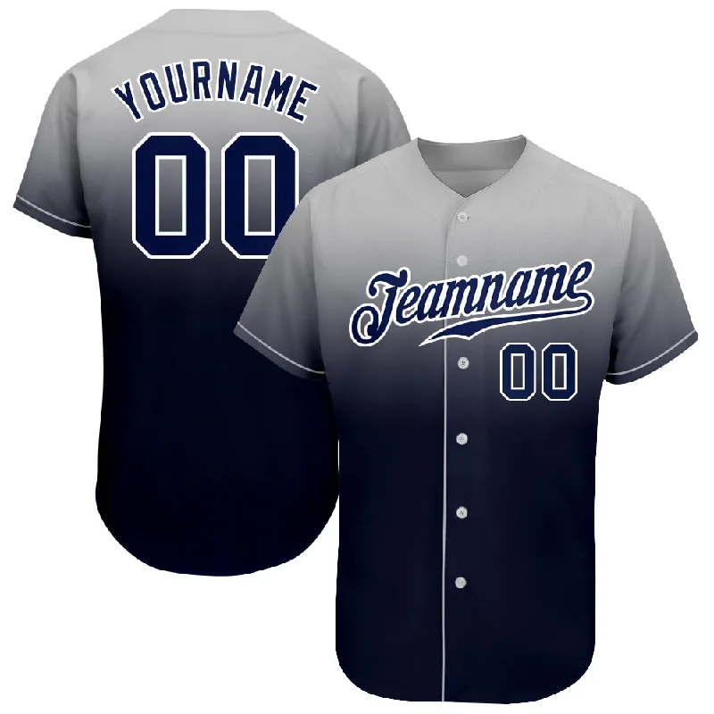 Custom Gray Navy-White Authentic Fade Fashion Baseball Jersey