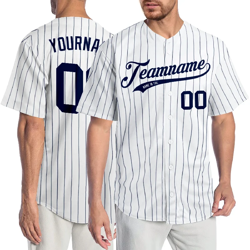 Custom White Navy Pinstripe Navy Authentic Baseball Jersey