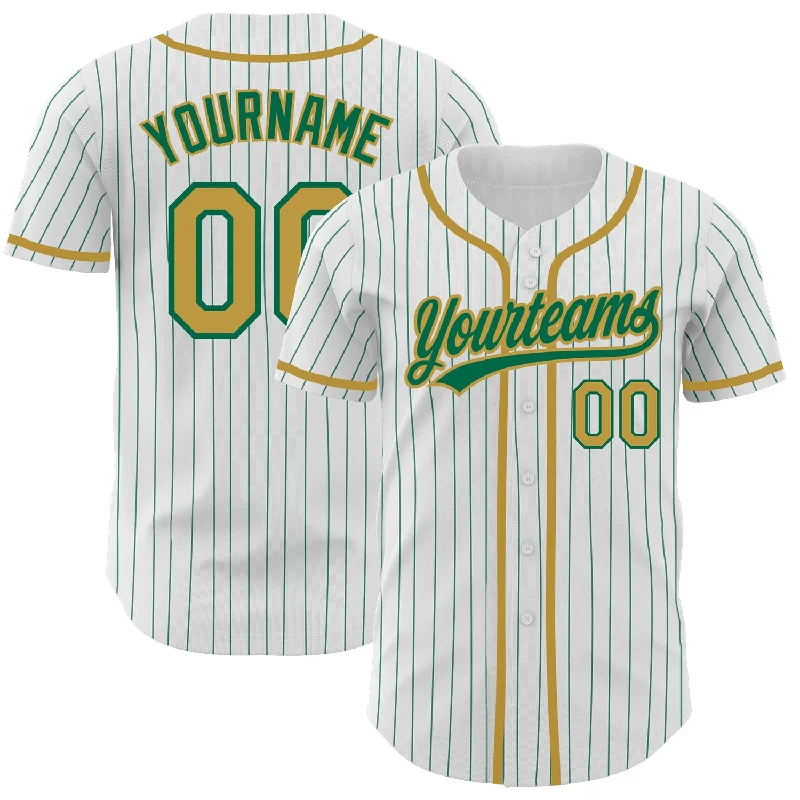 Custom White Kelly Green Pinstripe Old Gold Authentic Baseball Jersey