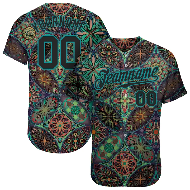 Custom Black Black-Teal  3D Pattern Design Mandalas Authentic Baseball Jersey