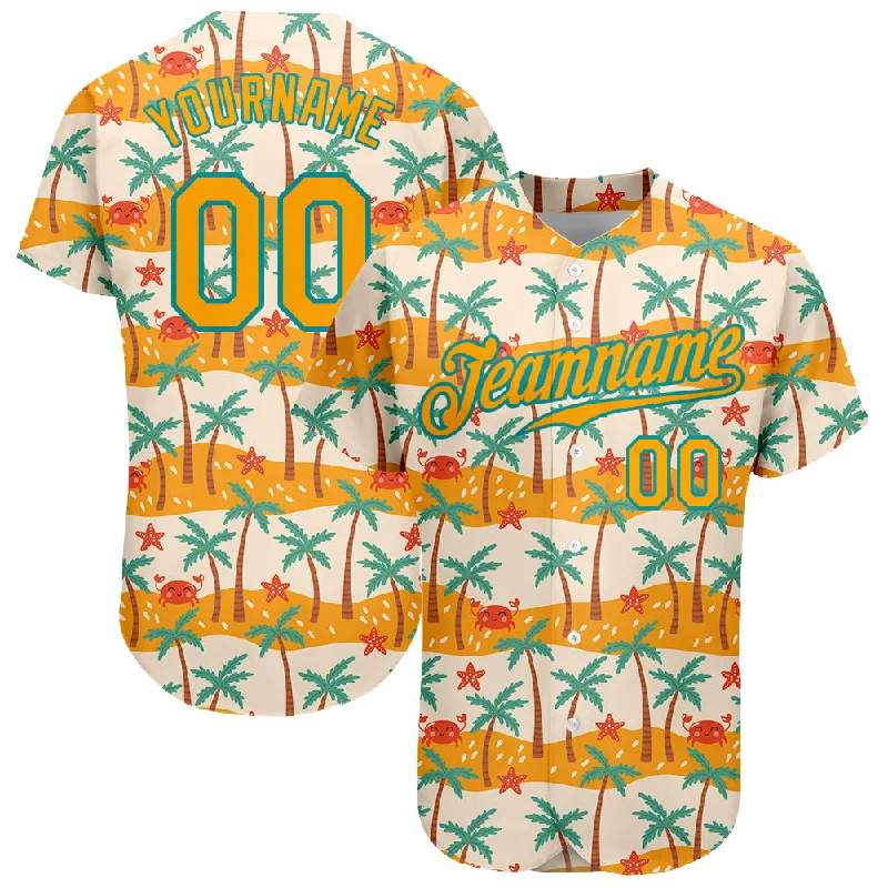 Custom White Gold-Teal 3D Pattern Design Hawaii Palm Trees Authentic Baseball Jersey