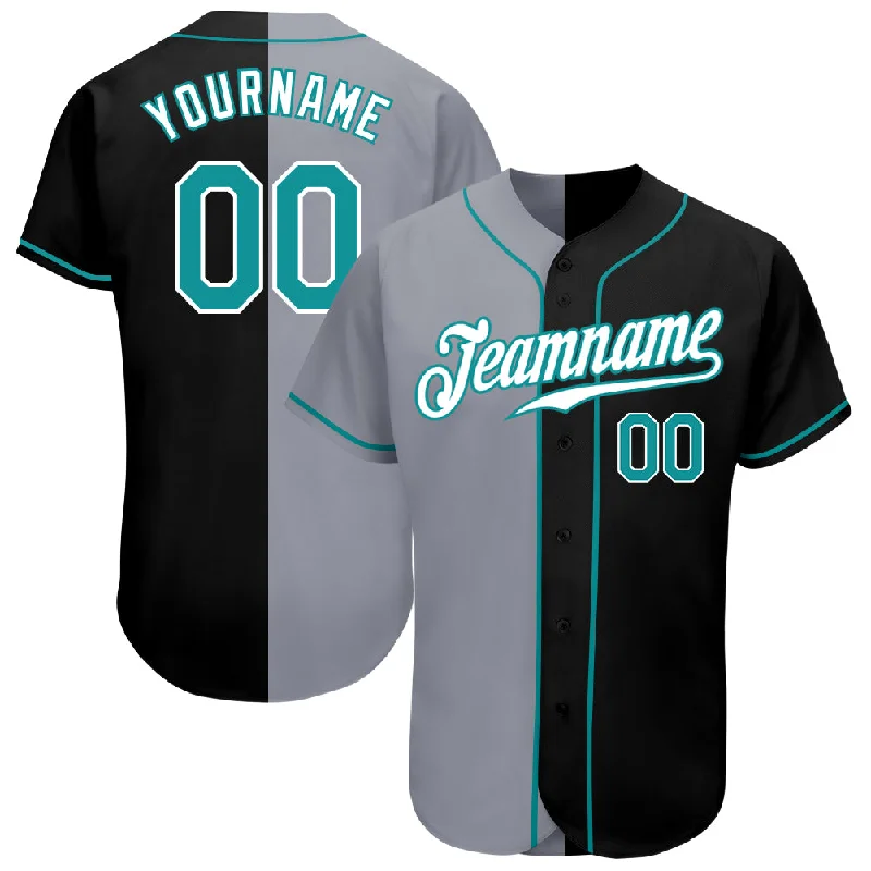 Custom Black Teal-Gray Authentic Split Fashion Baseball Jersey