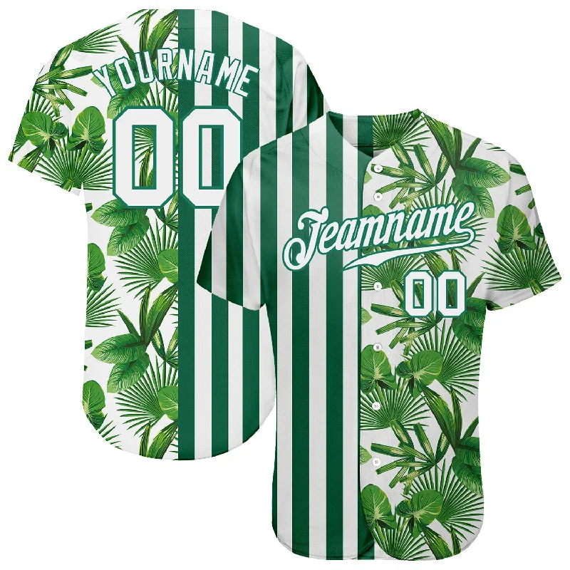 Custom Kelly Green White-Kelly Green 3D Pattern Design Tropical Palm Leaves Authentic Baseball Jersey