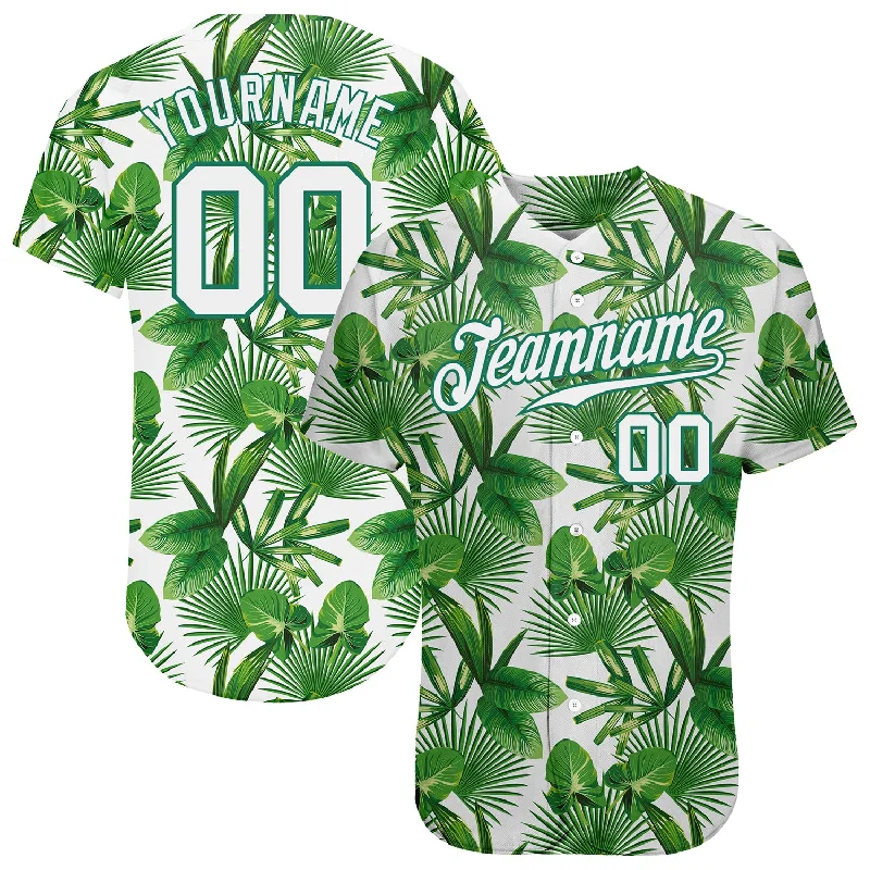 Custom Kelly Green White-Kelly Green 3D Pattern Design Tropical Palm Leaves Authentic Baseball Jersey