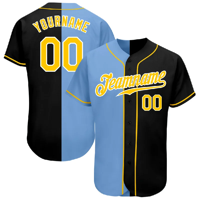 Custom Black Gold-Light Blue Authentic Split Fashion Baseball Jersey