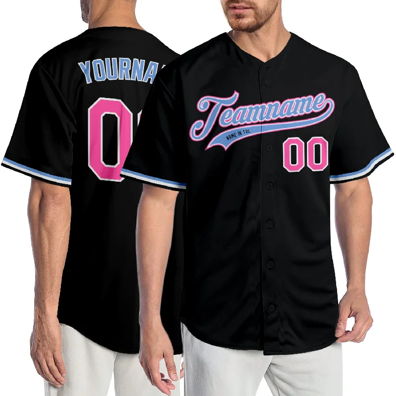 Custom Black Pink-Light Blue Authentic Baseball Jersey