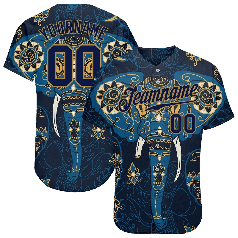 Custom Navy Navy-Old Gold 3D Pattern Design Elephant Authentic Baseball Jersey